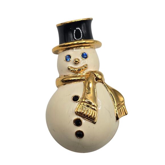 Monet Snowman Brooch Pin Gold Tone Enamel Scarf Blue Eyes Holiday Jewelry Gift - Picture 6 of 11